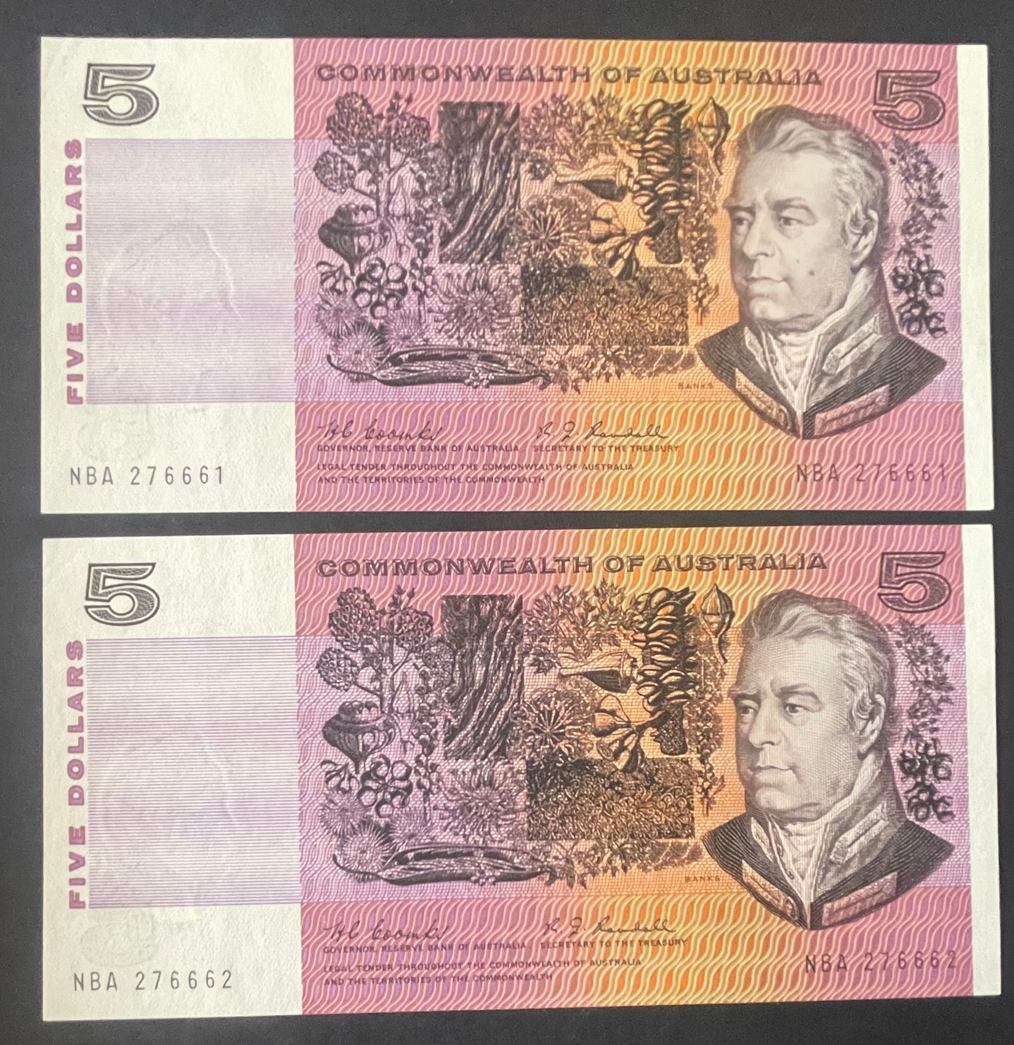 Australia 1967 $5 Coombs/Randall Uncirculated Banknote Consecutive Pair R202
