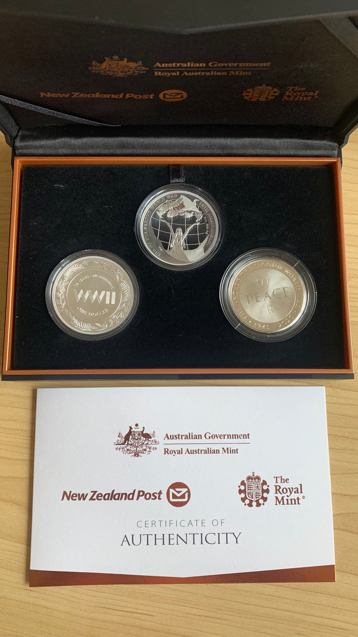 Australia Great Britain New Zealand 2020 75th Anniversary End WWII 3 coin silver Proof Set