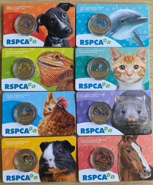 2021 Australia Coloured  $1 RSPCA set of 8 carded Royal Australian Mint Uncirculated Coins