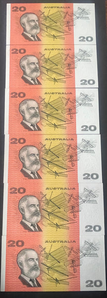 Australia 1991 $20 AAA000 Fraser Cole Uncirculated Run of 6. R413i