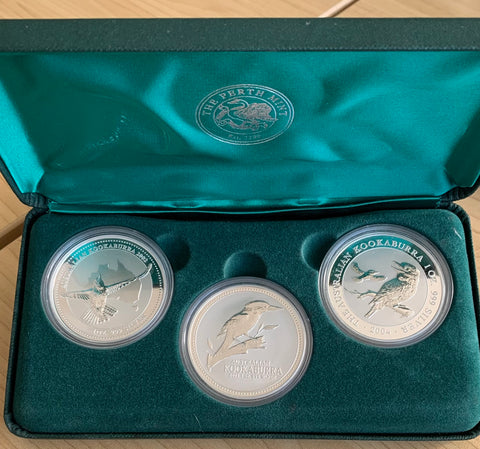Australia 2002, 2003 & 2004 Perth Mint $1  Kookaburra 1oz 999  Silver Coins