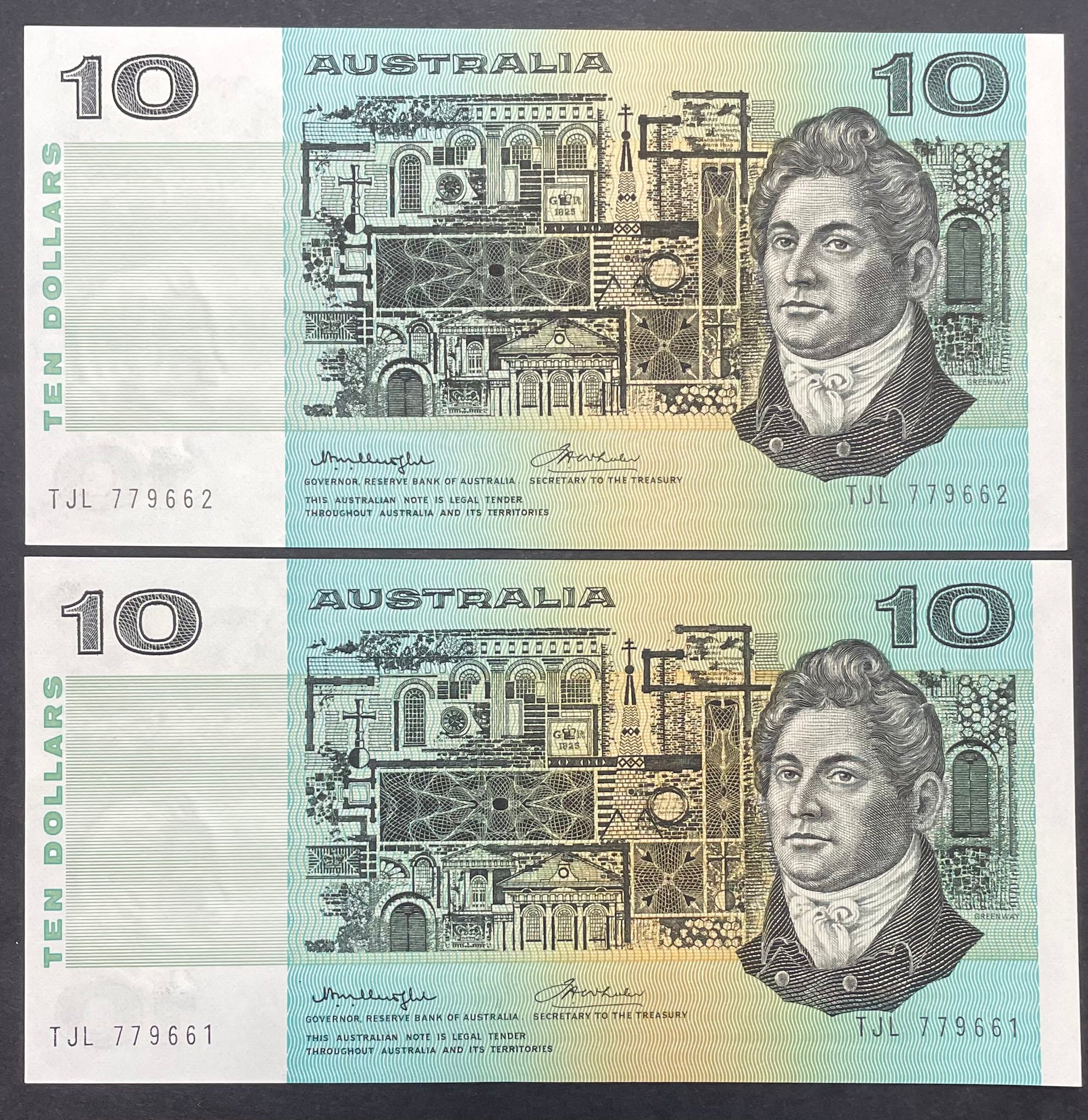 Australia $10 Banknote Knight Wheeler Centre Thread  Pair R306b