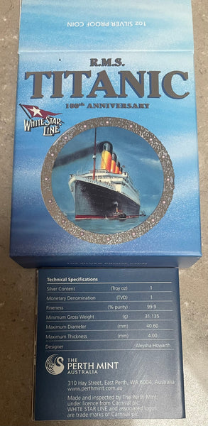 Tuvalu 2012 Perth Mint Coloured Titanic 100th Anniversary Silver 1oz Proof Coin