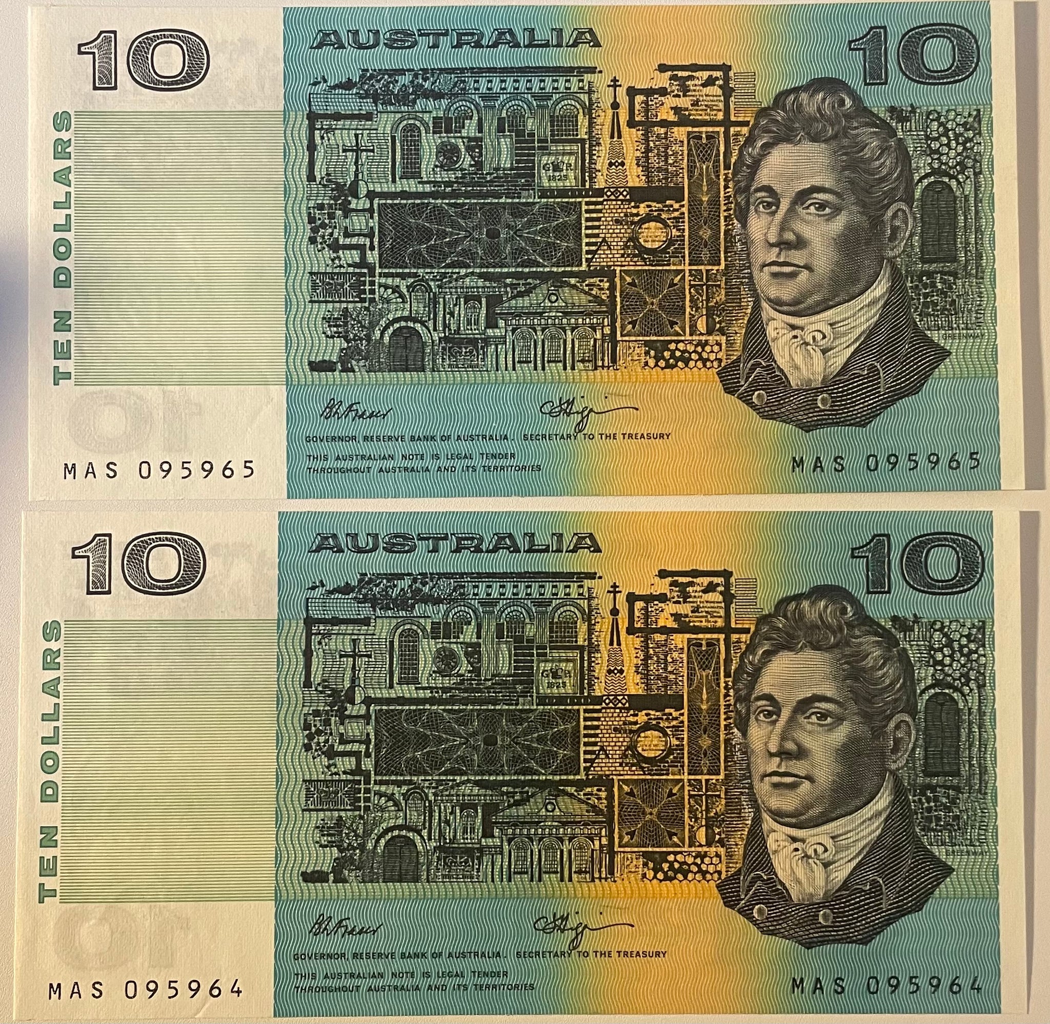 Australia R312 $10 Banknote Fraser/Higgins Uncirculated Consecutive Pair