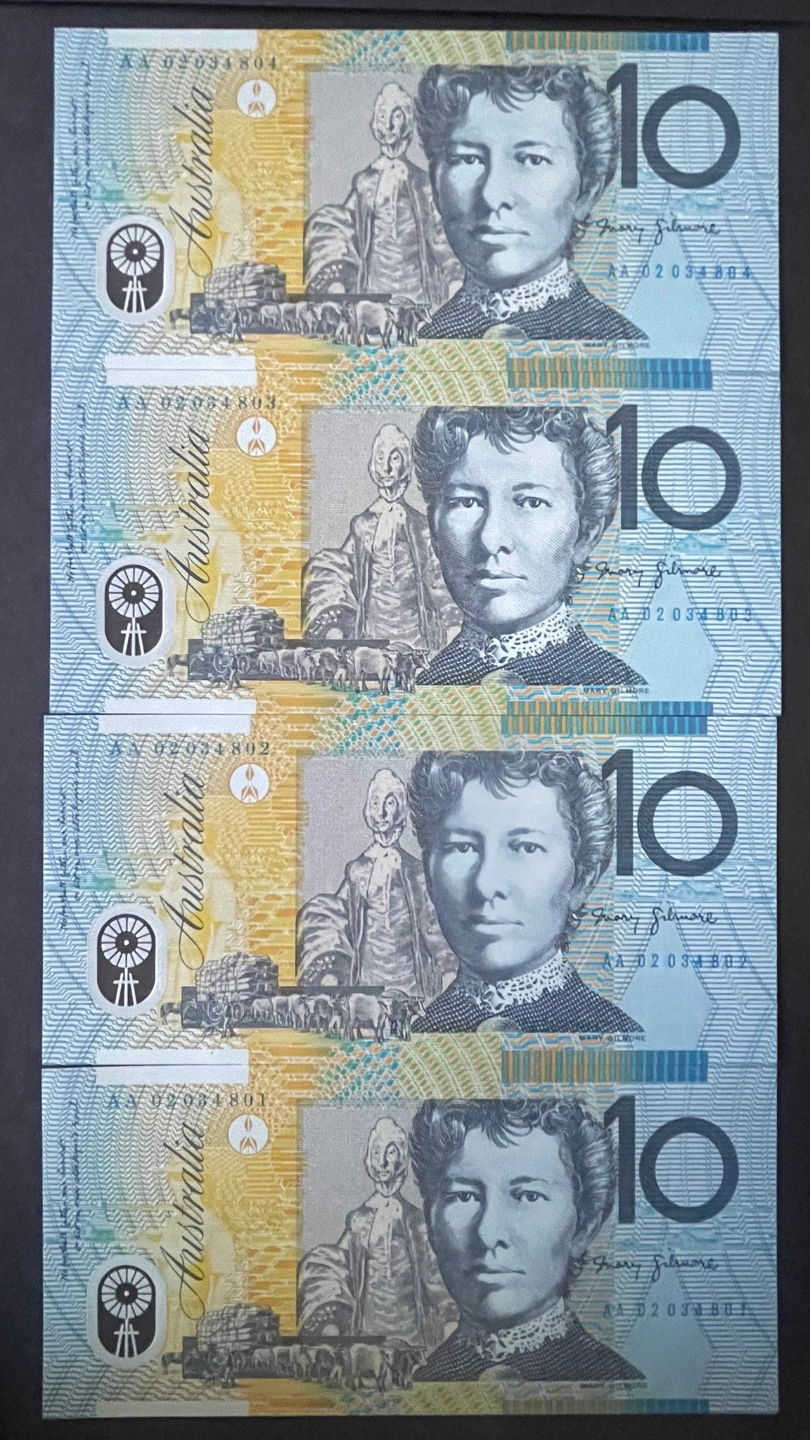 Australia 2002 $10 First Prefix AA02 Macfarlane Henry Polymer Run of 4 Uncirculated R320aF