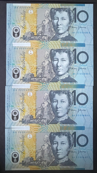 Australia 2002 $10 First Prefix AA02 Macfarlane Henry Polymer Run of 4 Uncirculated R320aF