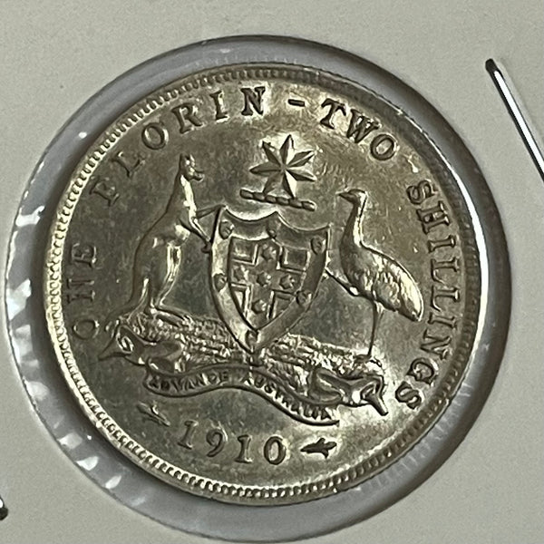 Australia 1910 2/- Florin Silver Coin aUnc Condition