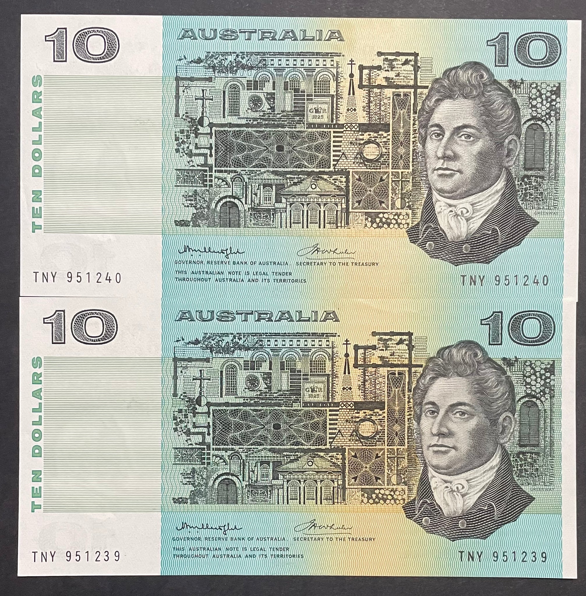 Australia Ten Dollar $10 Knight/Wheeler Side Thread Uncirculated Pair R306b Mc 167