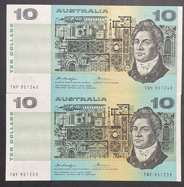 Australia Ten Dollar $10 Knight/Wheeler Side Thread Uncirculated Pair R306b Mc 167