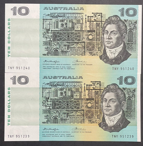 Australia Ten Dollar $10 Knight/Wheeler Side Thread Uncirculated Pair R306b Mc 167