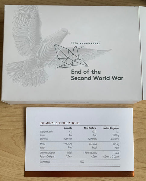 Australia Great Britain New Zealand 2020 75th Anniversary End WWII 3 coin silver Proof Set