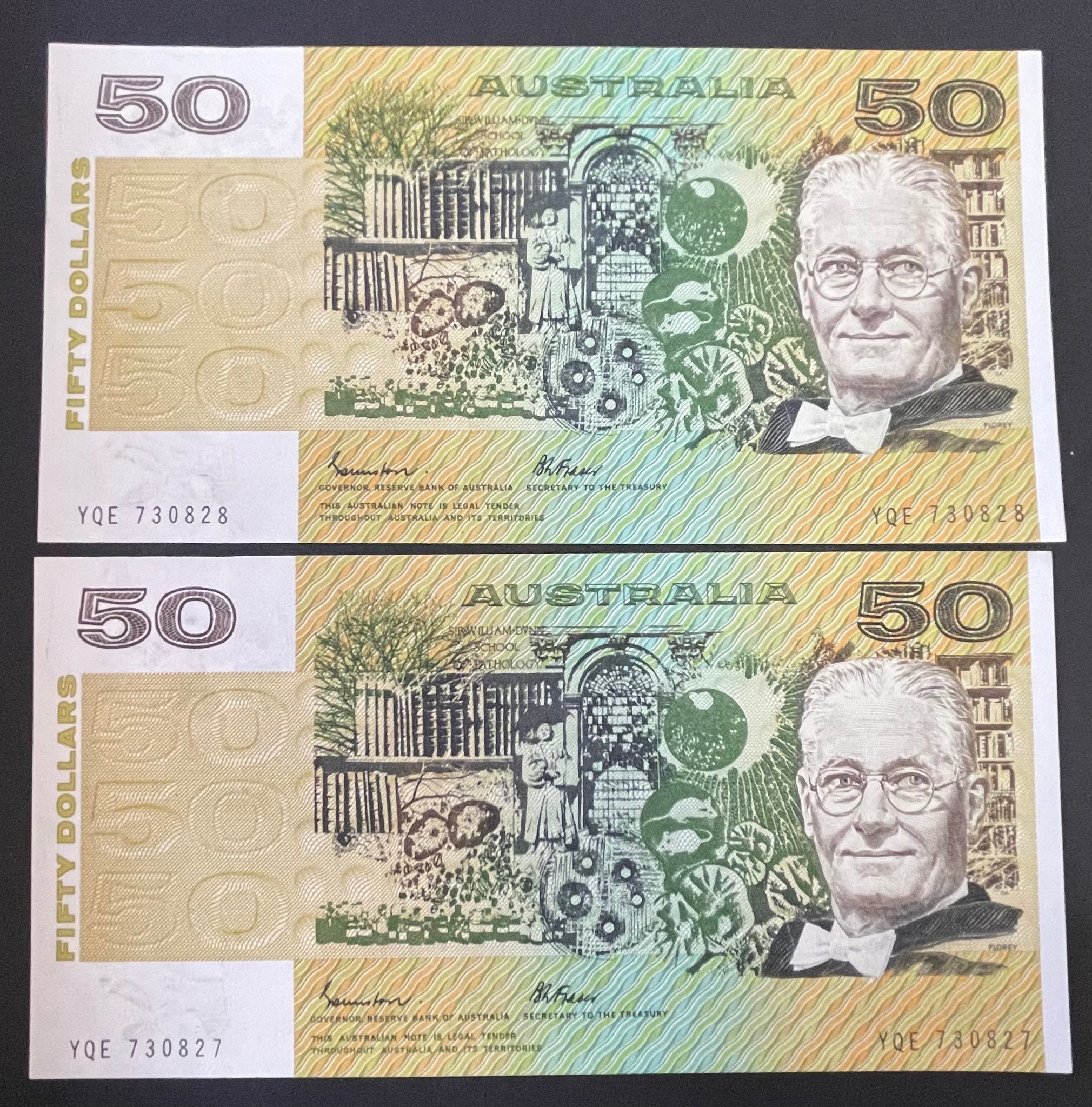 Australia 1985 $50 Johnston/Fraser Gothic Serial Numbers Uncirculated Pair Banknote R509a