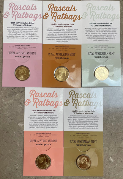Australia 2018 $1 One Dollar RASCALS & RATBAGS Set of 5 'C' mintmark Coins
