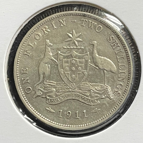 Australia 1911 2/- Florin Silver Coin about Very Fine Condition