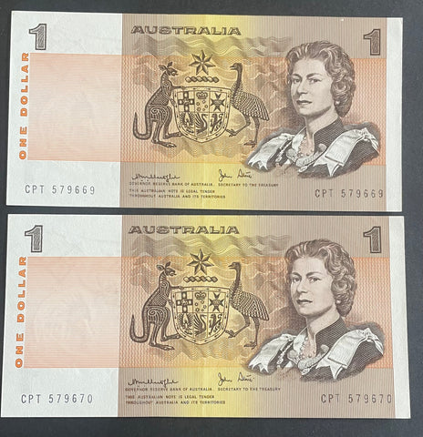 Australia 1977 $1 Knight/Stone about Uncirculated, lightly folded Pair. R77