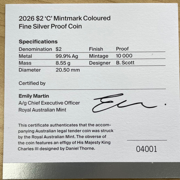 2026 Royal Australian Mint Dawn Service Lest We Forget $2 Coloured Silver Proof Coin