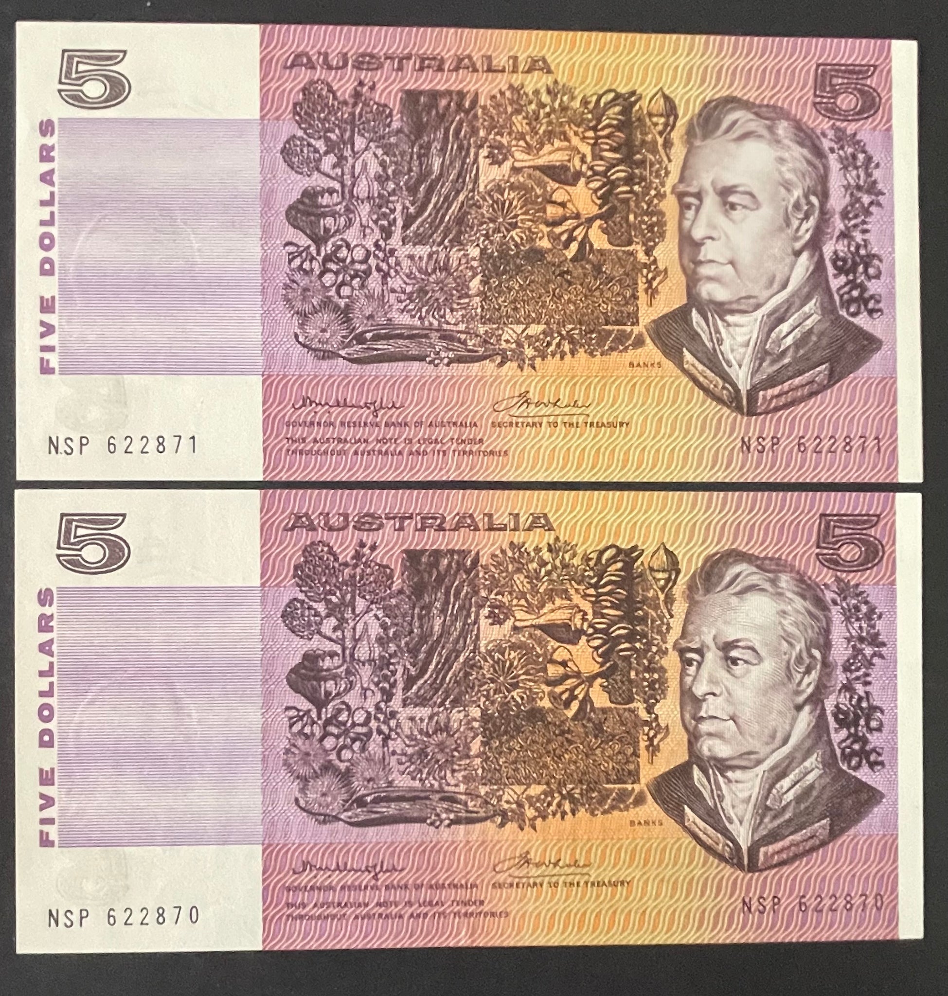 Australia $5 Knight/Wheeler Uncirculated Banknote Consecutive Pair R206a