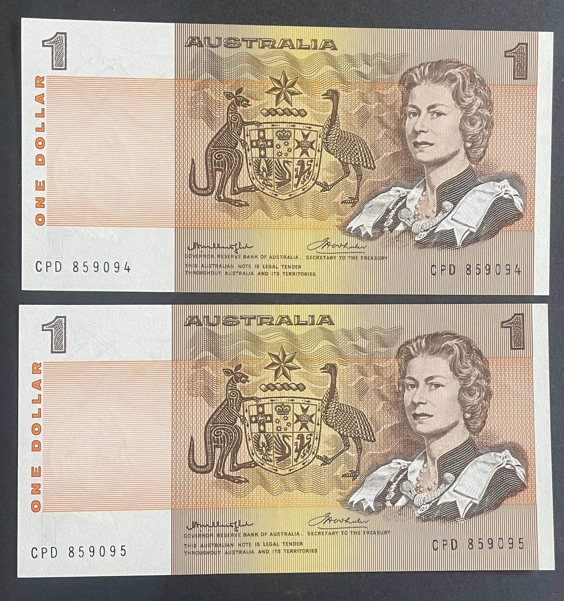 Australia 1976 R76c $1 Knight/Wheeler Side Thread Folded Uncirculated Pair