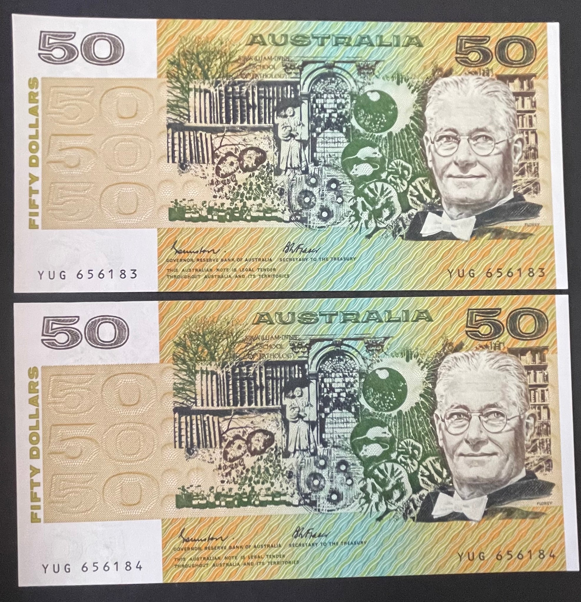 Australia 1985 $50 Johnston/Fraser OCRB Serial Numbers Uncirculated Pair Banknote R509b
