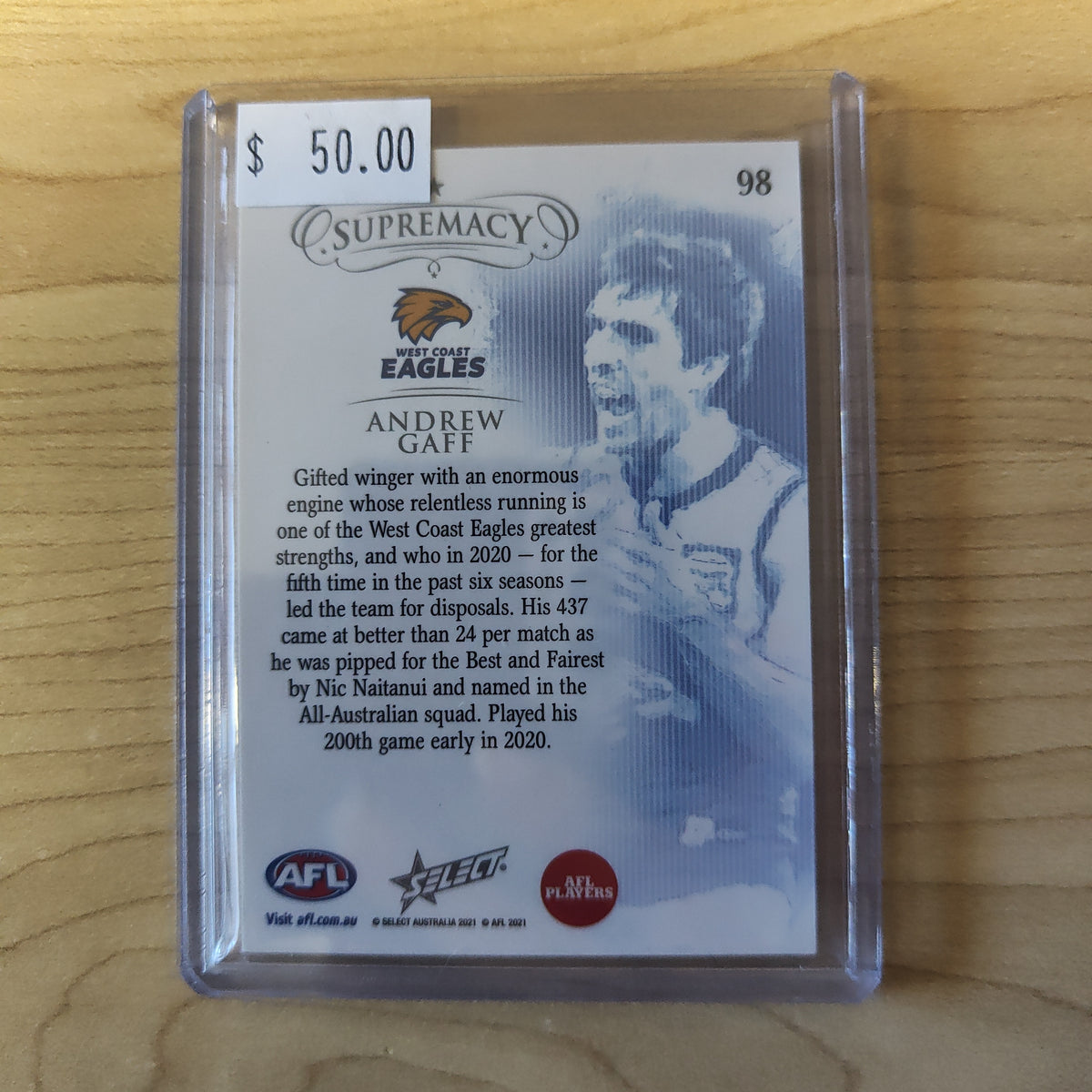 2021 AFL Select Supremacy Gold Base Card Andrew Gaff West Coast 26/90 ...