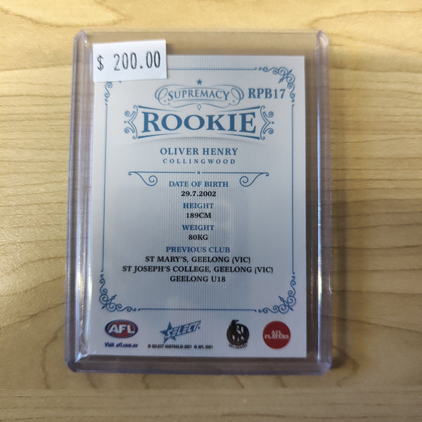 2021 Select Supremacy Rookie Oliver Henry Collingwood No.74/85