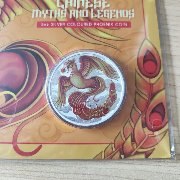 2022 Perth Mint Chinese Myths and Legends Phoenix $1 1oz Silver Red and Gold Coloured Carded Coin