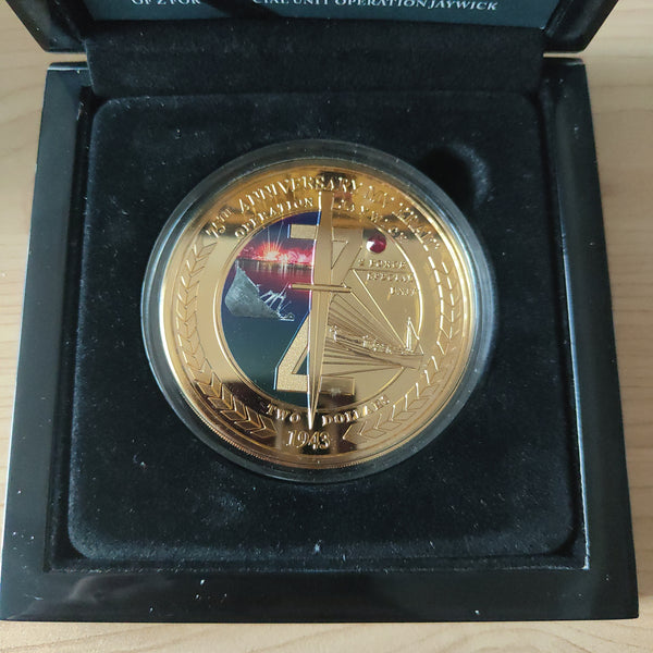 Niue 2018 $2 Two Dollars Bradford Exchange 75th Anniversary MV Krait Golden Coin with Ruby Swarovski Crystal