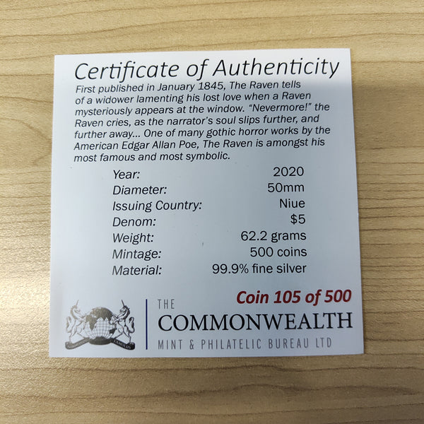 Niue 2020 $5 The Raven Nevermore 2oz Silver Coin