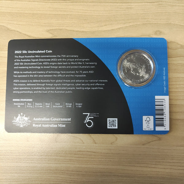 2022 RAM 75th Anniversary Australian Signals Directorie Reveal & Protect 50c Carded Uncirculated Coin