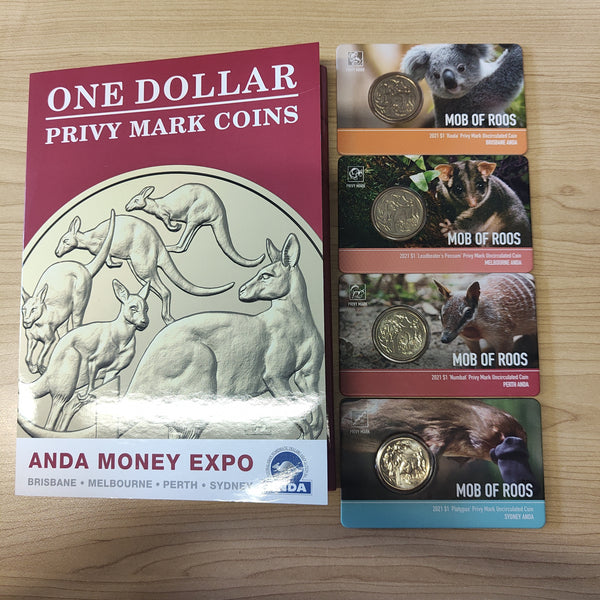 2021 Royal Australian Mint $1 Mob of Roos ANDA Privy Mark Set of 4 Carded Coins and Album