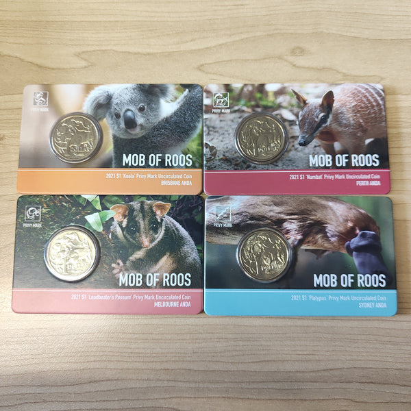 2021 Royal Australian Mint $1 Mob of Roos ANDA Privy Mark Set of 4 Carded Coins and Album