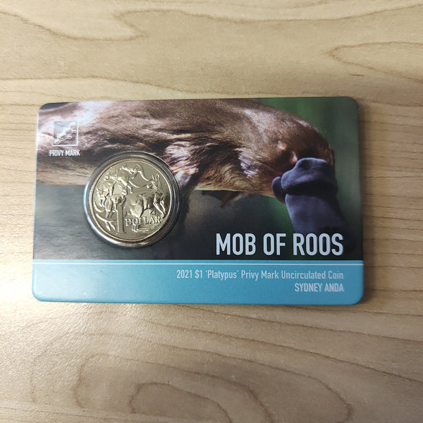 2021 Royal Australian Mint $1 Mob of Roos ANDA Platypus Privy Mark Carded Coin