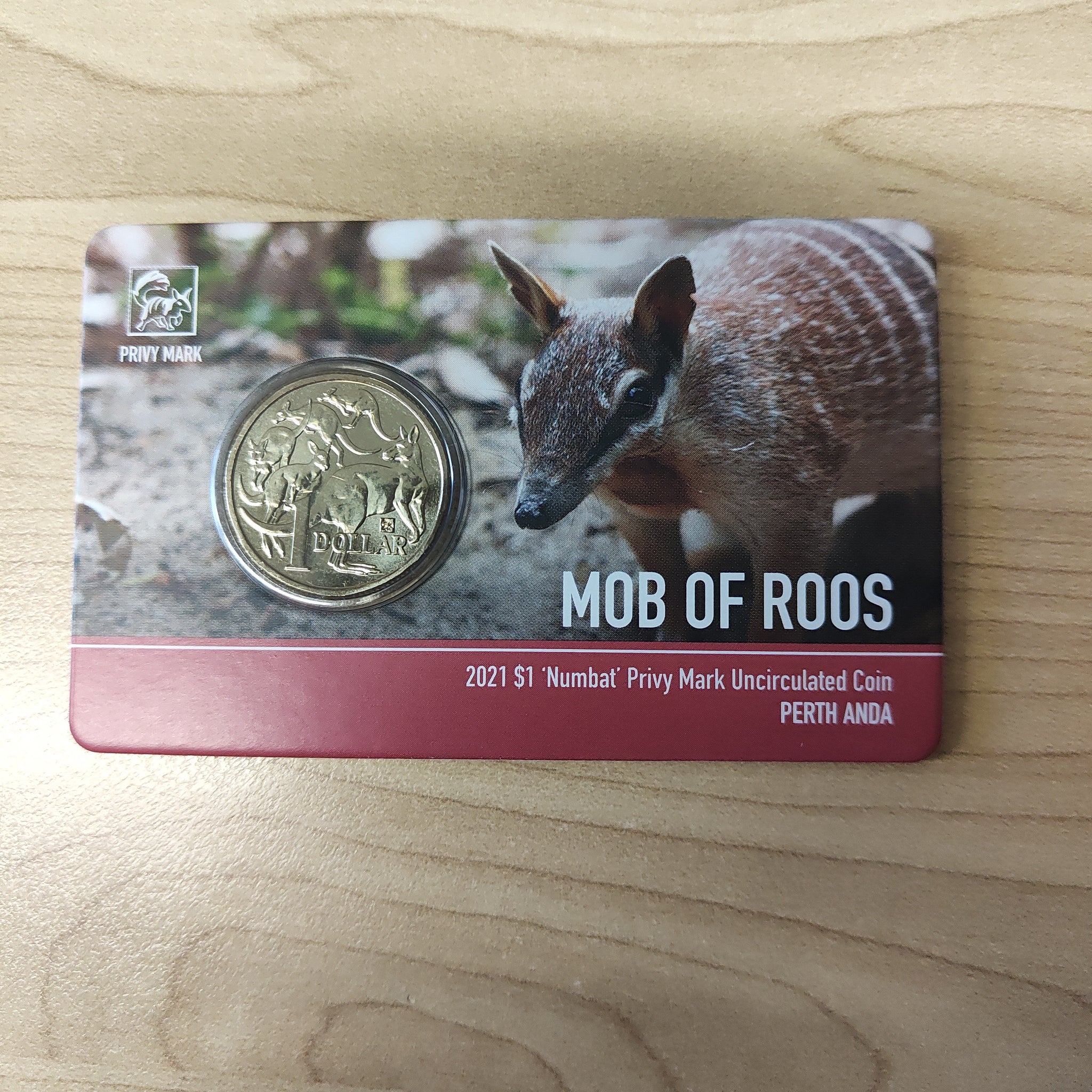 2021 Royal Australian Mint $1 Mob of Roos ANDA Leadbeater's Numbat Privy Mark Carded Coin