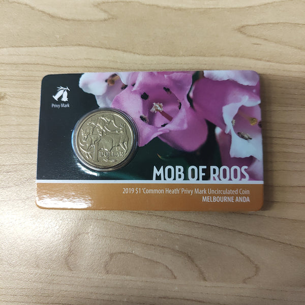 2019 Royal Australian Mint $1 Mob of Roos ANDA Common Heath Privy Mark Carded Coin