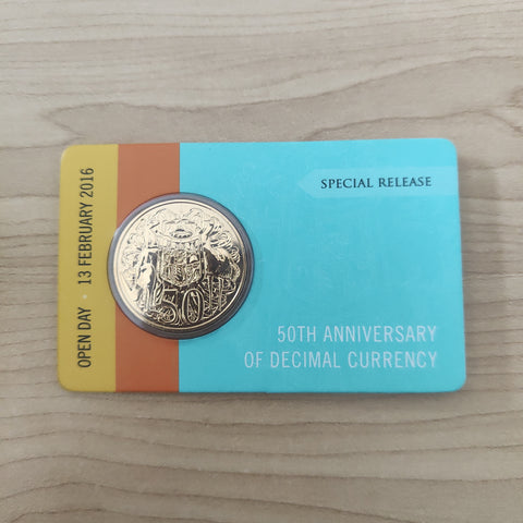 2016 RAM 50th Anniversary of Decimal Currency Special Release Gold Plated 50c Round Fifty Cents Uncirculated Coin