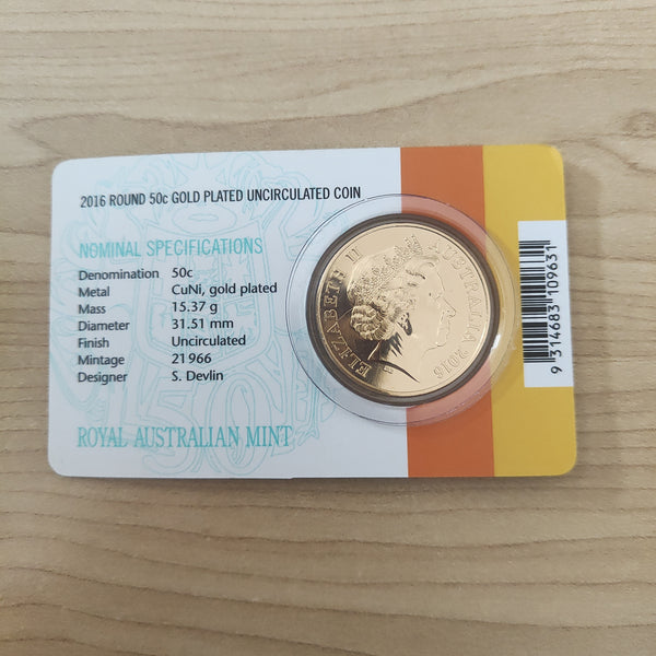 2016 RAM 50th Anniversary of Decimal Currency Special Release Gold Plated 50c Round Fifty Cents Uncirculated Coin