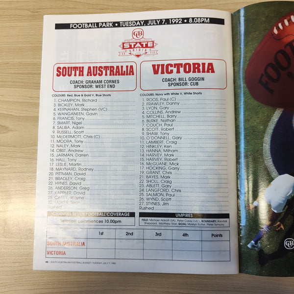 1992 July 7 South Australian Football Budget SA v Victoria State of Origin Football Record