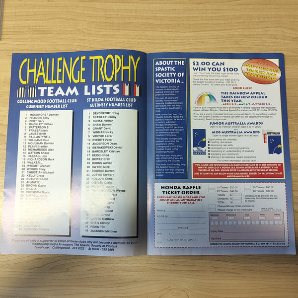 AFL 1995 February 13 Challenge Trophy Collingwood v St Kilda Spastic Society Souvenir Football Record
