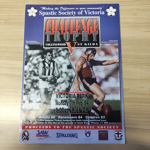 AFL 1994 February 7 Challenge Trophy Collingwood v St Kilda Spastic Society Souvenir Football Record