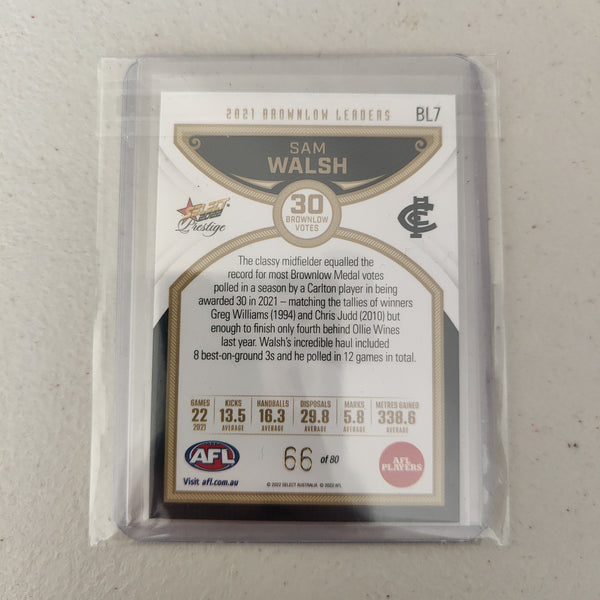 2022 Select Prestige Brownlow Leaders Sam Walsh Carlton 66/80