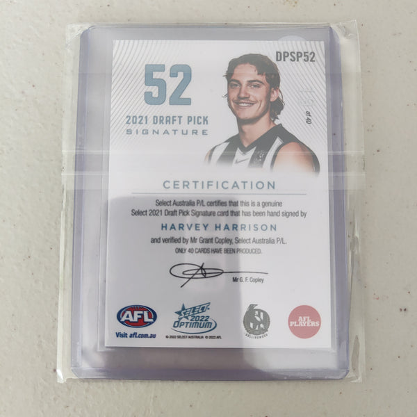 2022 AFL Select Optimum Platinum Draft Pick Signature Harvey Harrison Collingwood No.19/40