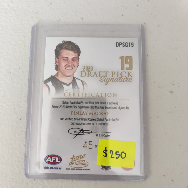2022 AFL Select Optimum Gold Draft Pick Signature Finlay Macrae Collingwood No.45/85