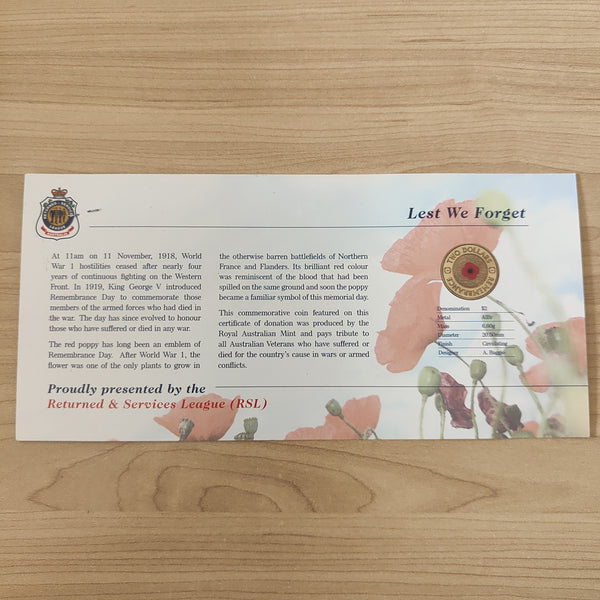 2012 RAM $2 Coloured Poppy Lest We Forget Remembrance Day Uncirculated Coin in RSL card