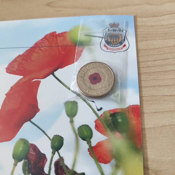 2012 RAM $2 Coloured Poppy Lest We Forget Remembrance Day Uncirculated Coin in RSL card