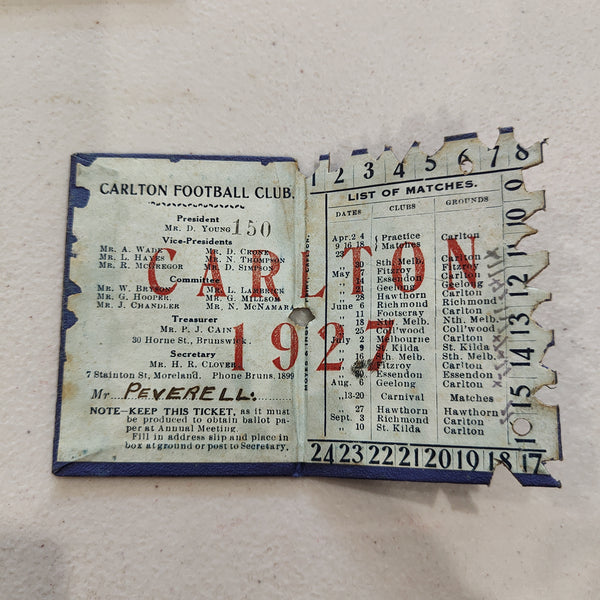 VFL 1927 Carlton Football Club Membership Season Ticket No.150