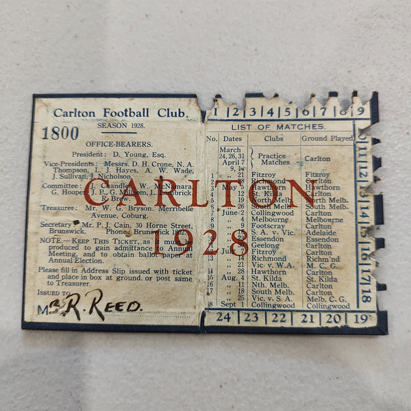 VFL 1928 Carlton Football Club Membership Season Ticket No.1800