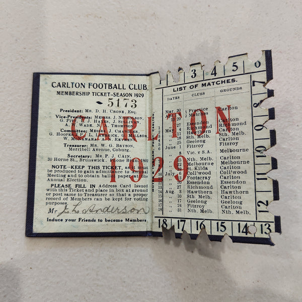 VFL 1929 Carlton Football Club Membership Season Ticket No.5173