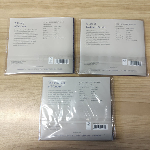 GB Great Britain UK 2022 The Royal Mint £5 The Queen's Reign Set of 3 Uncirculated Coins