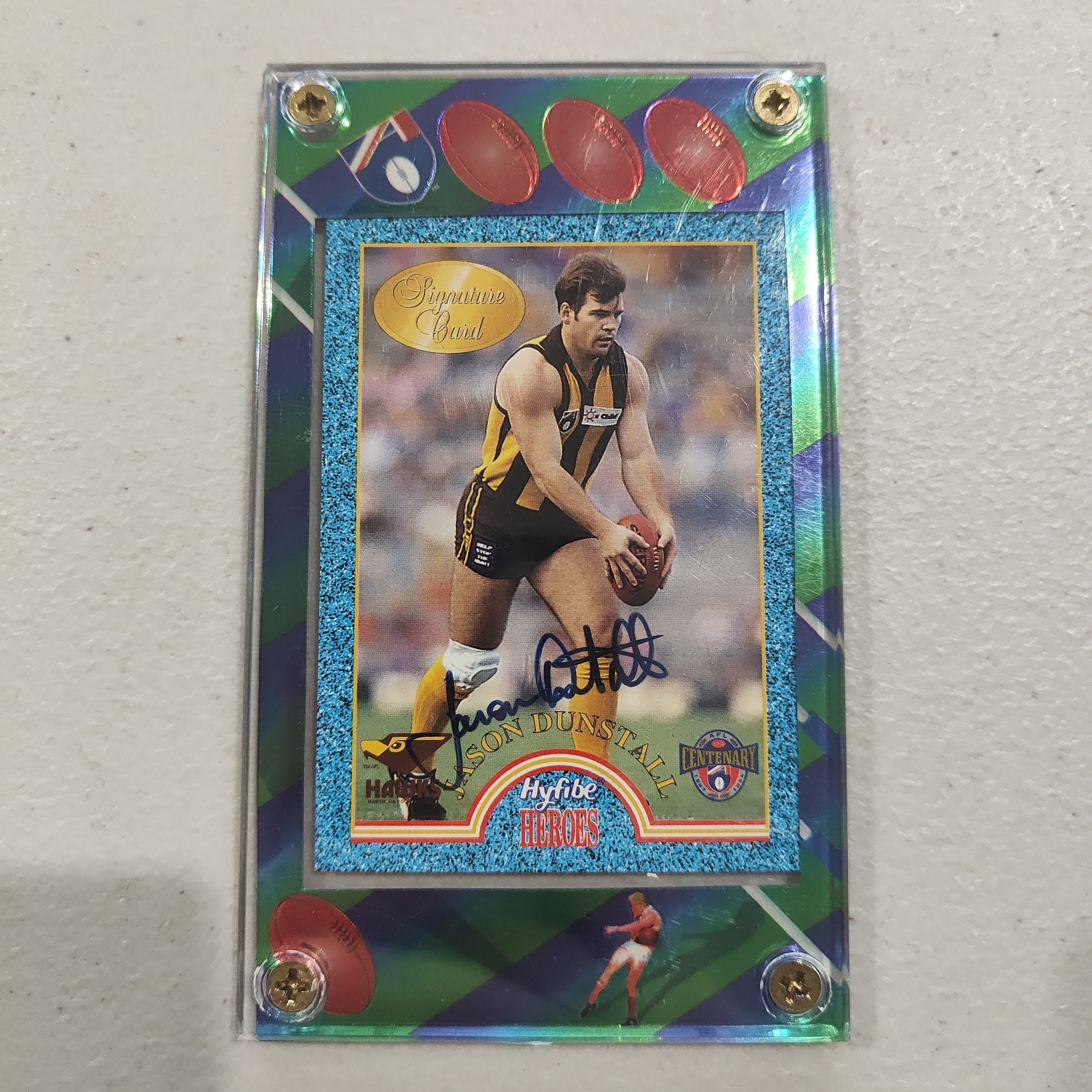 1996 Select Tip Top Hyfibe Heroes Signature Card Jason Dunstall Hawthorn