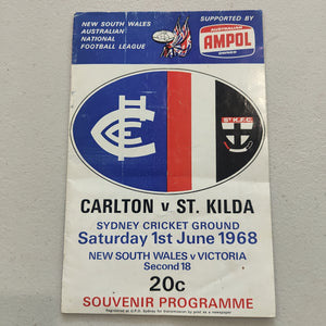 VFL 1968 1 June Ampol Football Record Carlton v St Kilda; NSW v Victoria